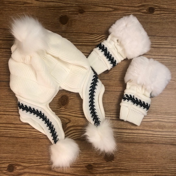 White Geometric Trim Faux Fur Pom-Pom Ear-Flap Beanie & Fingerless Glove… - Picture 2 of 7